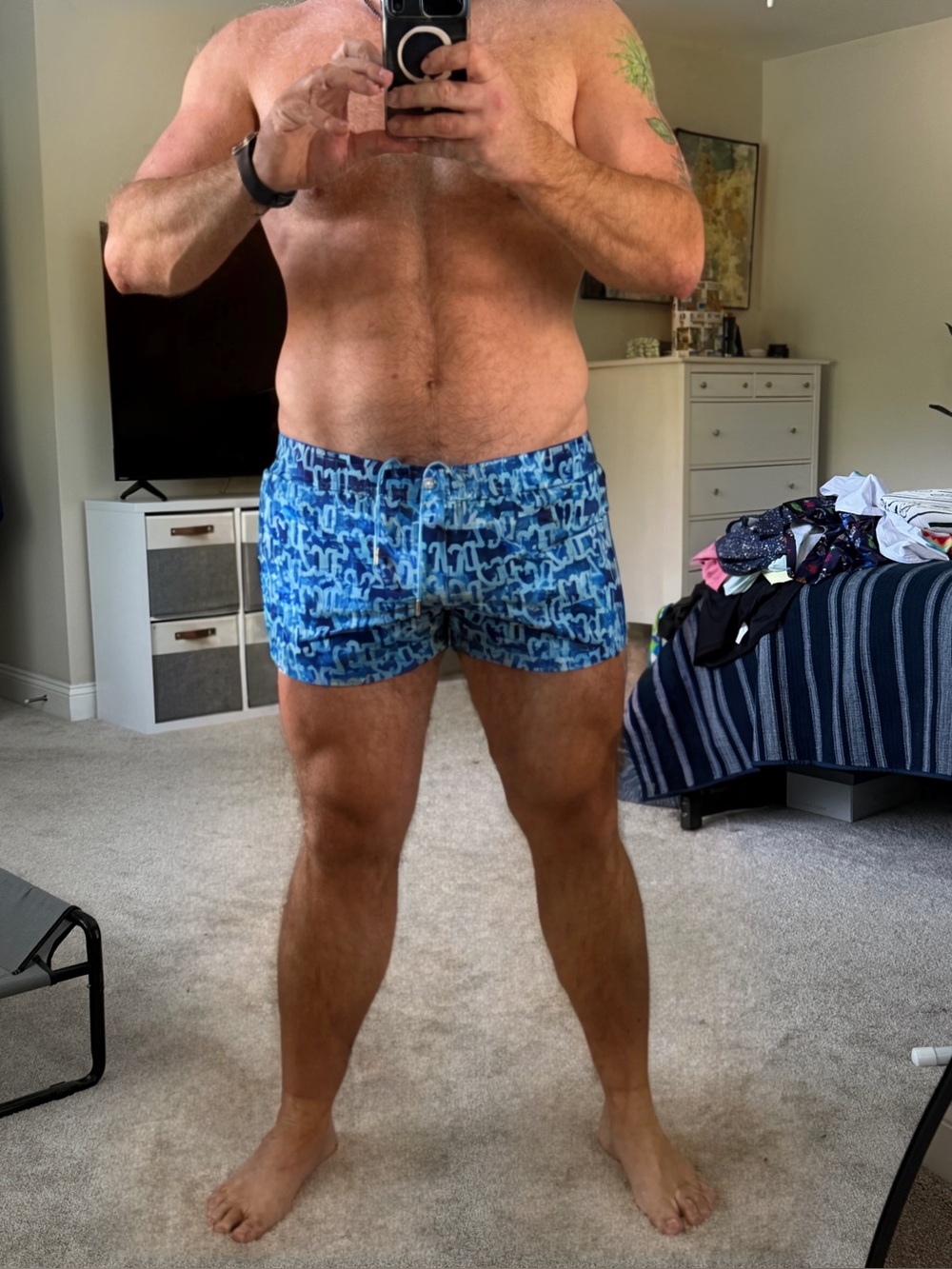 Men's Blue Patterned Swim Trunks with Drawstring Waist